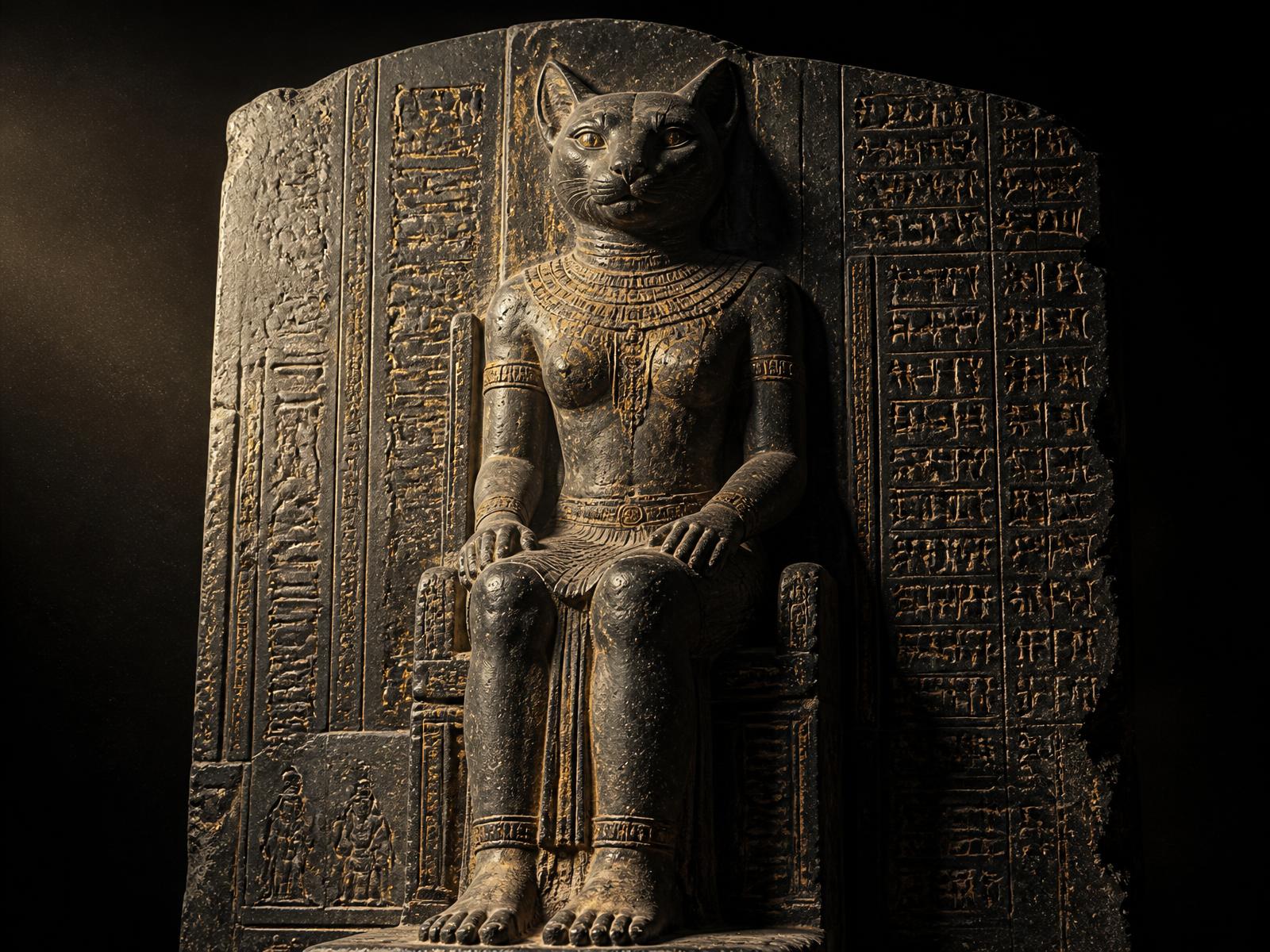 Basalt relief of an enthroned cat-headed Anunnaki deity, surrounded by cuneiform inscription