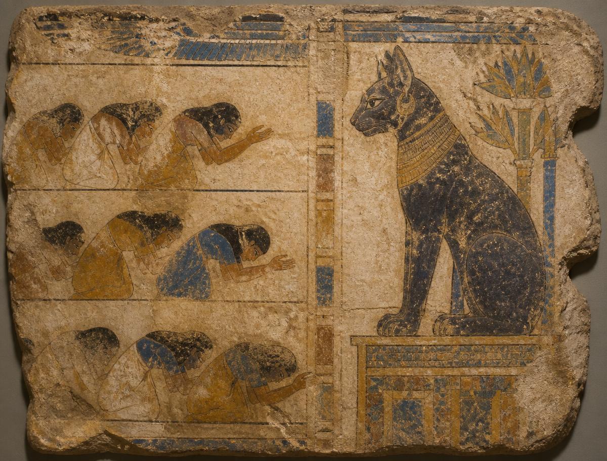 Egyptian tomb wall fragment showing rows of humans bowing before an enthroned cat deity