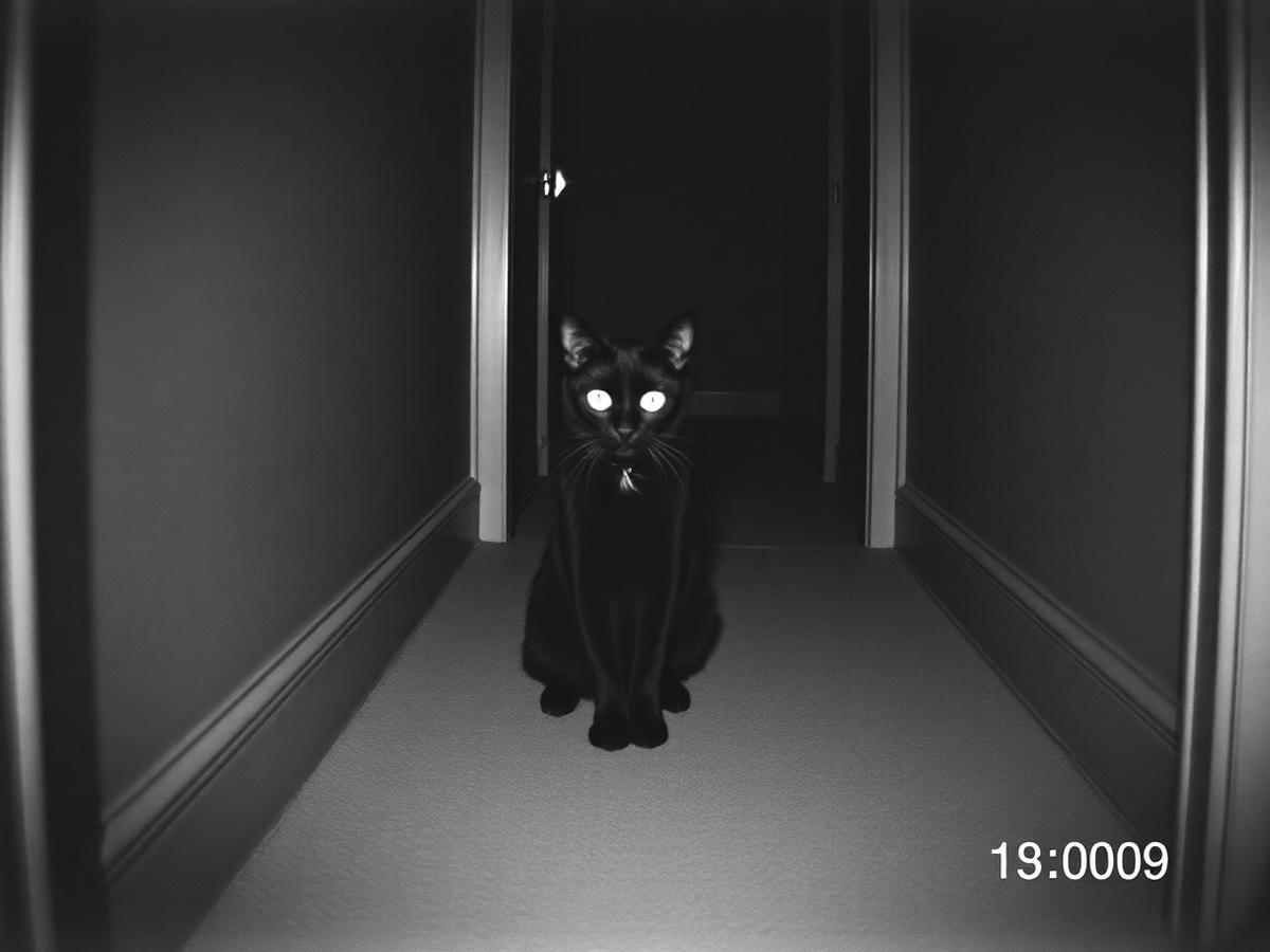 Grainy night-time photograph of a cat sitting upright in a dark hallway, eyes reflecting the flash