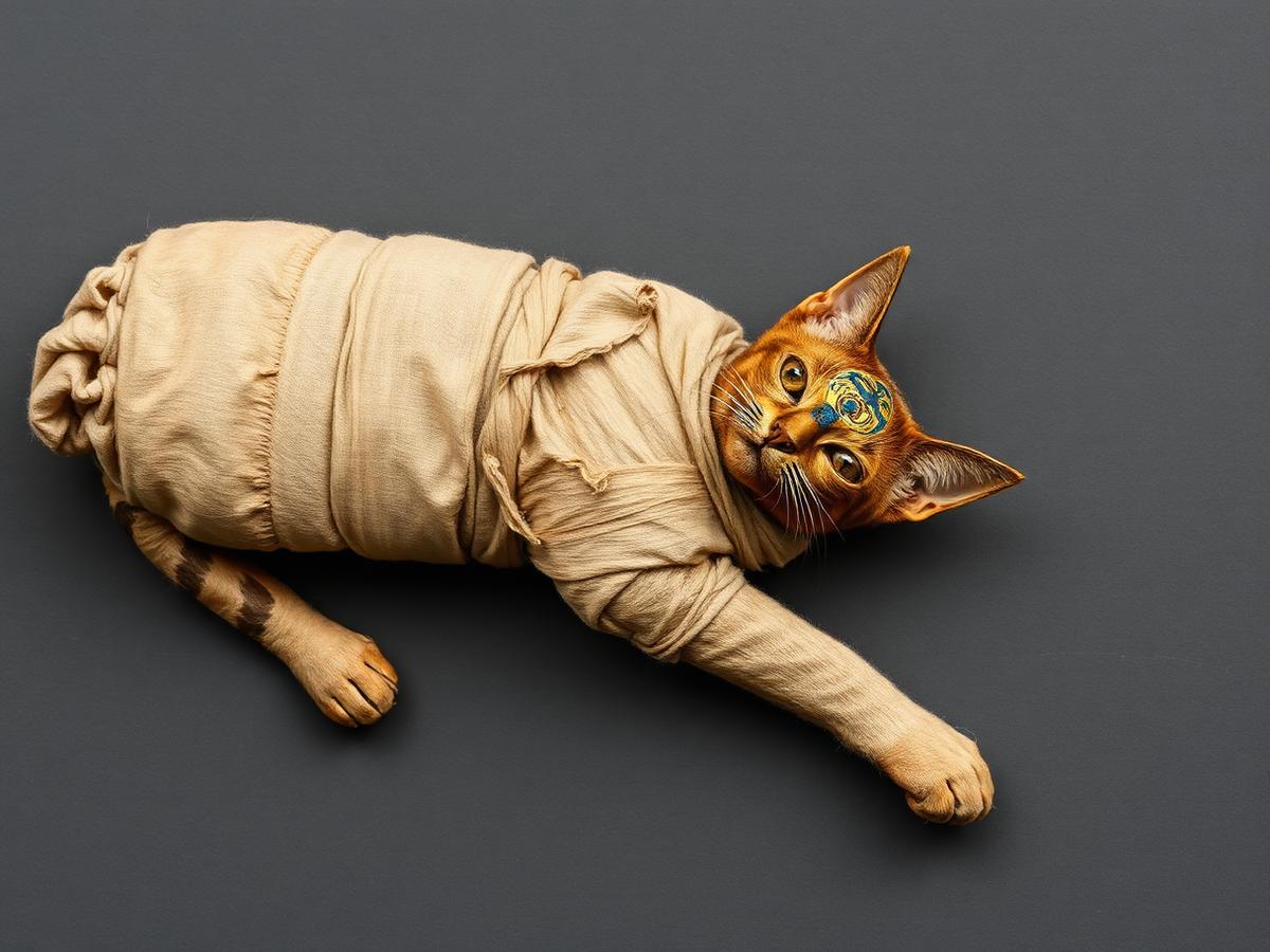 Mummified cat in linen wrappings with a painted gold and lapis face mask