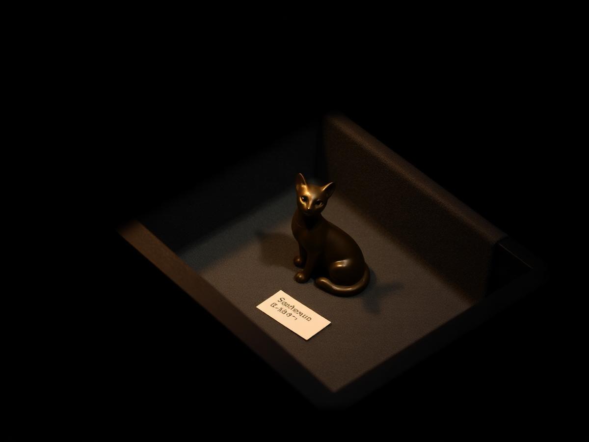 Small bronze seated cat statue with gold inlaid eyes in an open museum storage drawer