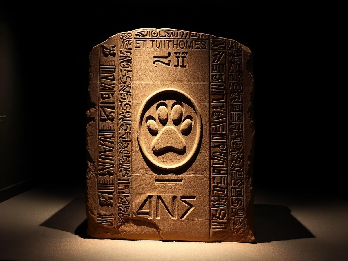 Limestone boundary stone carved with a paw print inside an oval cartouche