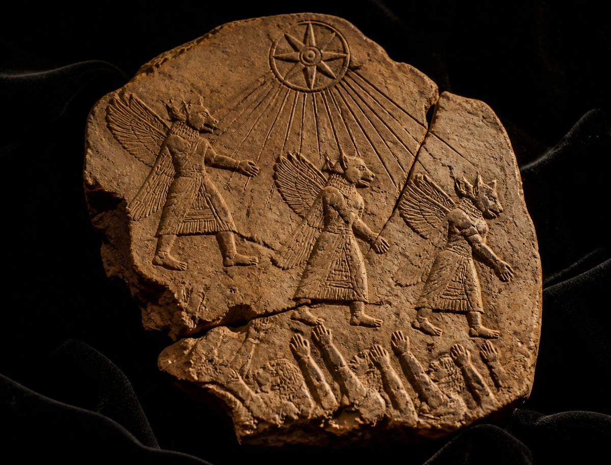 Broken clay tablet showing winged cat-headed figures descending beneath a star disc